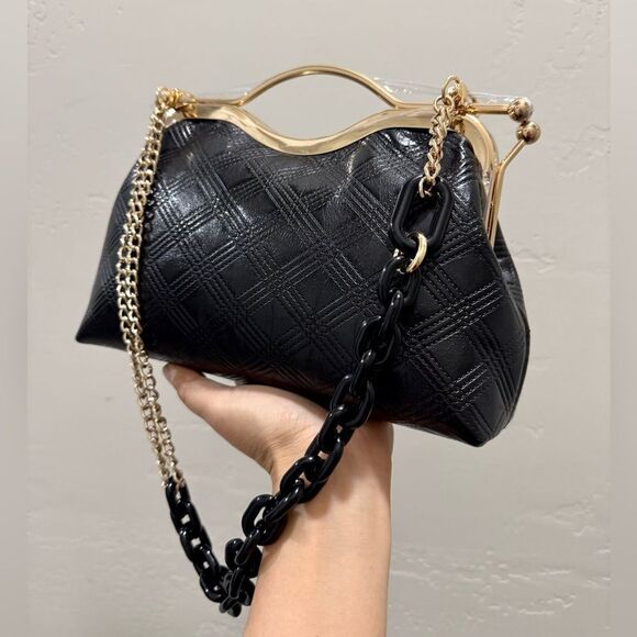 Black Quilted Genuine Lambskin  Double Kisslock Top Handle Bag & 2 Chain Styles - Picture 8 of 12